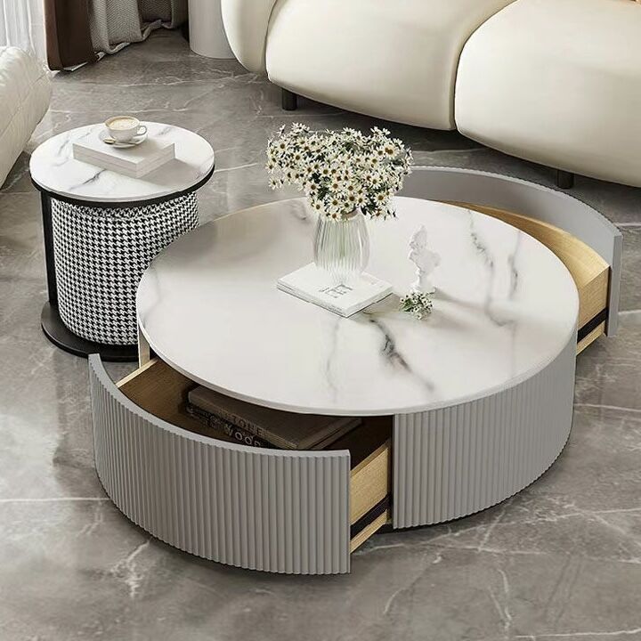 Calzone coffee table, wooden top and gray marble top