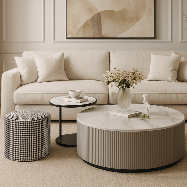 Calzone coffee table, wooden top and gray marble top